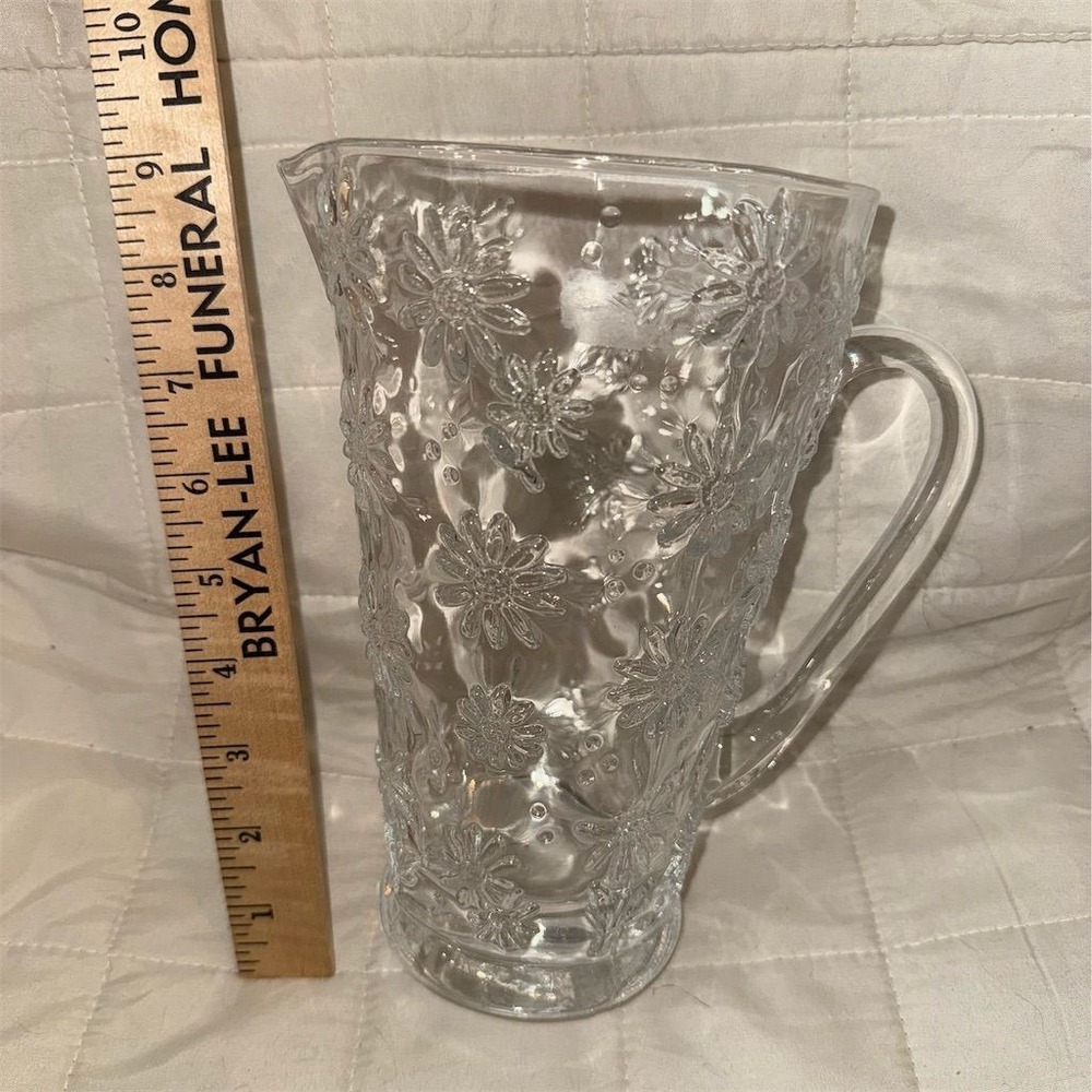 Vtg Embossed Daisy Glass Pitcher Clear Floral Design 7.25" Tall MCM garden party